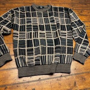 TSR Vintage Mens XL Geometric Grid Knit Sweater Black Grey Tan Crewneck 80s 90s